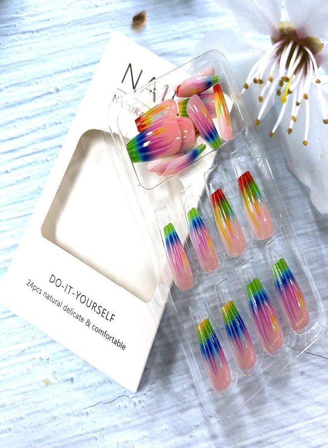 CJDLTS Colorful Stripes Smudge Press on Nails Medium Length Ballet Shaped Full Cover Glossy Nude Pink Acrylic False Nail Ballet Press Ons French Artificial Fingernails DIY Reusable Glue on Nails for Women - Image 5